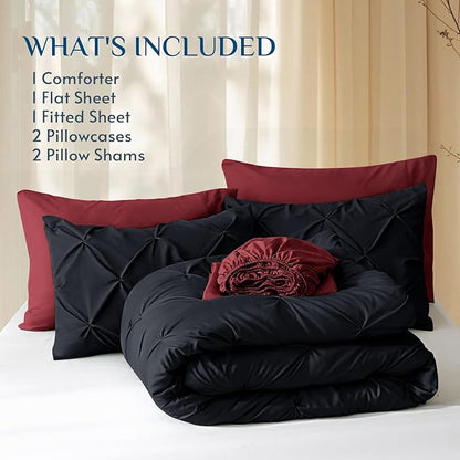 JOLLYVOGUE Cal King Comforter Set 7 Pieces - Bed in a Bag Cal King for All Season, Pintuck Bedding Comforter Sets with Comforter, Flat Sheet, Fitted Sheet and Pillowcases & Shams, Black & Burgundy