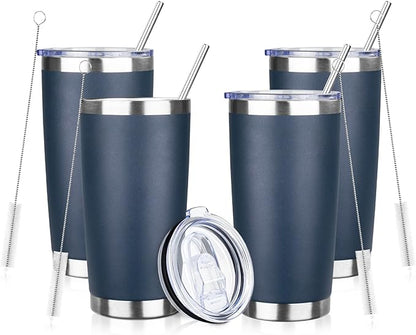 20oz Tumbler with Straw and Brush, Stainless Steel Vacuum Insulated tumbler, Double Wall Insulated Coffee Tumbler for Outdoor, Home, Travel,Office (Navy Blue,4pcs)