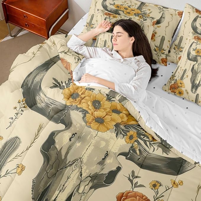 Erosebridal Bull Skull Bed in A Bag Queen | Cactus Tropical Vintage Floral 7 Piece Comforter Set Ancient Mysterious Flower Sheet Set Boho Tribal Symbol Fitted Sheet Breathable Lightweight