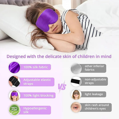 Kids Sleep Mask Eye Cover, 100% Real Natural Pure Silk Eye Mask with Adjustable Strap, Blindfold Kids Eye Mask for Sleeping, Eye Shade for Boys Girls and Adult, Pressure-Free Comfort (Violet)