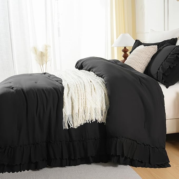 Herside Black Ruffle Comforter Set Queen Size,Shabby Chic Boho Bedding Sets, Soft Fluffy Comforters Sets for All Season,Vintage Ruffled 3 Pcs Microfiber Lightweight Quilt Set for Women Girls