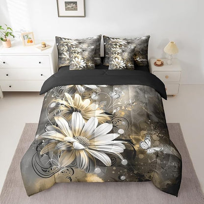 Feelyou Girls Vintage Flower Comforter Set with Sheets Queen Size 7 Pieces Kids Yellow Daisy Florals Pattern Bedding Set for Boys Women Teens Butterfly Botanical Nature Garden Theme Bed in a Bag