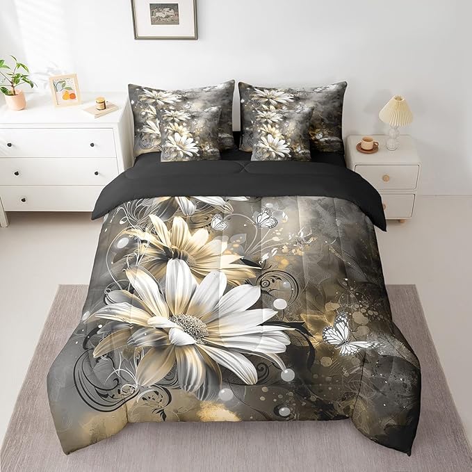 Feelyou Girls Vintage Flower Comforter Set with Sheets Full Size 7 Pieces Kids Yellow Daisy Florals Pattern Bedding Set for Boys Women Teens Butterfly Botanical Nature Garden Theme Bed in a Bag