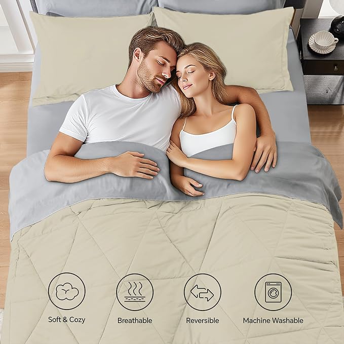 BEDELITE Full Comforter Set 7 Pieces Bed in A Bag - Soft Microfiber Reversible Oatmeal Bed Set with Comforters, Sheets, Pillowcases & Shams, Cozy Luxury Bedding Sets for All Season