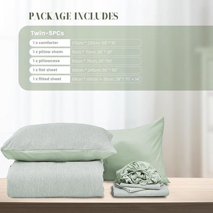 DECMAY Twin Comforter Set with Sheets, 5 Pieces Twin Comforter Set, Cationic Dyeing Bed in a Bag Bedding Set with Comforter, Flat Sheet, Fitted Sheet, Pillowcase and Pillow Sham (Twin, Light Green) | twin comforter set, twin bedding set, twin bed set