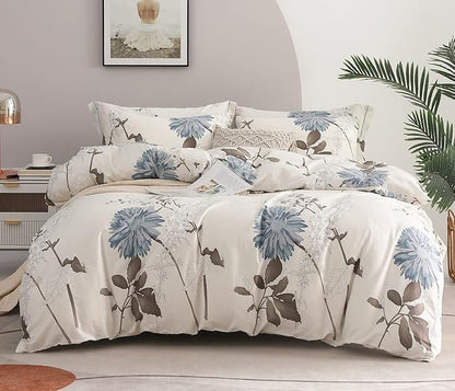 SLEEPBELLA Comforter King Size, 600 Thread Count Cotton Brown Branches and Blue Flowers Off-White Comforter Sets, Down Alternative Bedding Set 3Pcs(King, Off-White Botanical)
