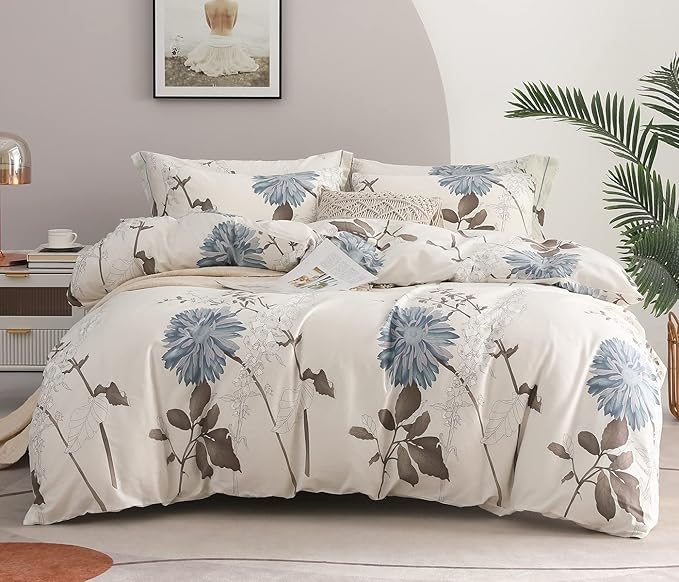 SLEEPBELLA Comforter Queen Size, 600 Thread Count Cotton Brown Branches and Blue Flowers Off-White Comforter Sets, Down Alternative Bedding Set 3Pcs(Queen, Off-White Botanical)