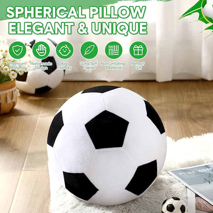 Yousoontic Soccer Ball Throw Pillow 11.8 Inch Nordic Round Soccer Ball Pillow Fluffy Soccerball Durable Soft Stuffed Plushies Sport Theme Gifts for Couch Sofa Bedroom Bed Decorations