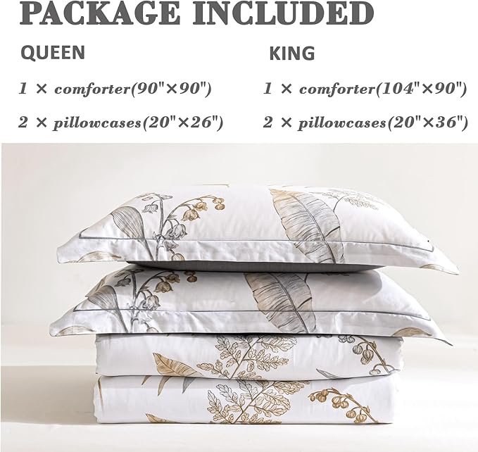 Natural Cotton 3pcs Floral Comforter Sets Queen Size-Gray Comforter with Luxurious Brown Branches and Taupe & Gray Leaves on White, Reversible Lightweight Bedding Sets(Queen)
