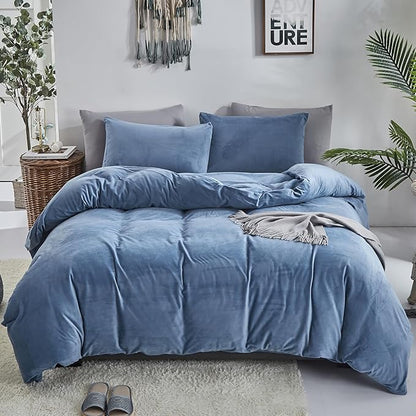 Cottonight Blue Velvet Comforter Set Queen Blue Flannel Bedding Set Queen Size Winter Blanket Quilts Modern Heavyweight Warm 3 Piece Velvet Comforter Set