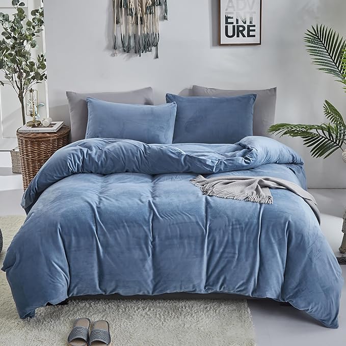 Cottonight Velvet Comforter Set - California King, Lake Blue Flannel Bedding - Thick Heavyweight, Warm Blanket Quilts - Winter 3 Piece Set for Cal King Bed