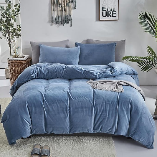 Cottonight Velvet Comforter Set - California King, Lake Blue Flannel Bedding - Thick Heavyweight, Warm Blanket Quilts - Winter 3 Piece Set for Cal King Bed