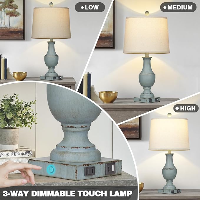 Farmhouse Table Lamps Set of 2, Rustic Touch Control Bedside Lamps with 2 USB Ports & AC Outlet, Vintage 3-Way Dimmable Nightstand Lamp Linen Fabric Shade for Living Room Bedroom End Table Decor