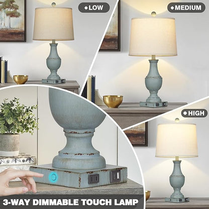 Farmhouse Table Lamps Set of 2, Rustic Touch Control Bedside Lamps with 2 USB Ports & AC Outlet, Vintage 3-Way Dimmable Nightstand Lamp Linen Fabric Shade for Living Room Bedroom End Table Decor