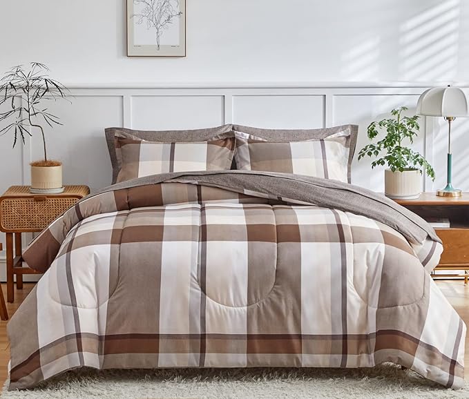 AIKASY Bed in a Bag 6 Piece Twin Size, Brown Plaid Design Soft Microfiber Reversible Bed Comforter Set for All Season(1 Comforter, 1 Flat Sheet, 1 Fitted Sheet, 2 Pillow Shams, 1 Pillowcase)