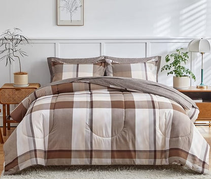 AIKASY Bed in a Bag 6 Piece Twin Size, Brown Plaid Design Soft Microfiber Reversible Bed Comforter Set for All Season(1 Comforter, 1 Flat Sheet, 1 Fitted Sheet, 2 Pillow Shams, 1 Pillowcase)