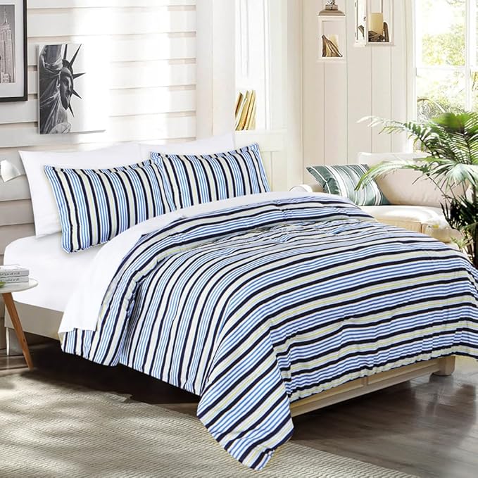 EMME 5-Pieces Bed-in-A-Bag Bedding Comforter Set, Blue Stripe Brushed Microfiber Bed Set with Sheets, Soft Comfortable Down Alternative Comforter Set (5-Piece Twin/Twin XL, Blue Stripe)