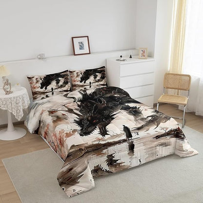 Feelyou Dragon Comforter Set King Size Japanese Style Comforter for Boys Girls Teens Samurai Bedding Set Japanese Ukiyoe Duvet Set Room Decor Black Beige Quilt Set