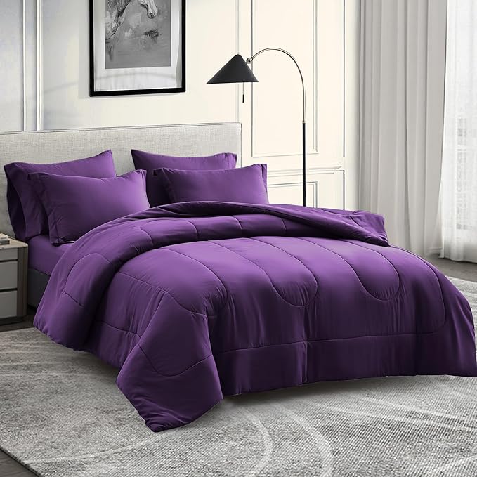 Maple&Stone Purple Comforter Set King, 7 Pieces Bed in a Bag - Down Alternative Bed Set with Comforter, Sheets, Pillowcases & Shams, All Season Lightweight Bedding Set, Purple