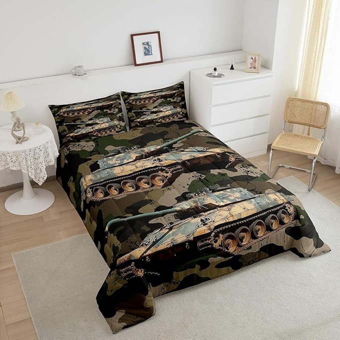 Erosebridal Boys Car Comforter Set Camouflage Tank Cannon Duvet Insert for Kids Children Military Vehicle Bedding Set Retro Camo Vintage Style Quilted Duvet 2Pcs with 1 Pillow Case Twin Size