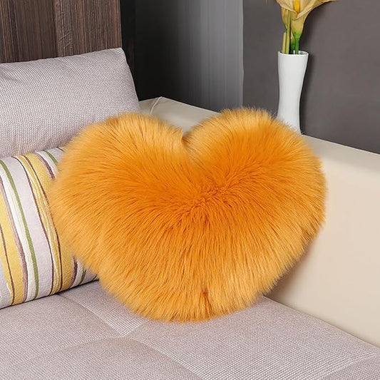 HANDKEI Love Pillow, Heart-Shaped Long Plush, Pink Imitation Wool, Living Room Sofa, Cute Cushion, Bedside Cushion (Golden Camel, 15.74 inch X 19.68 inch)