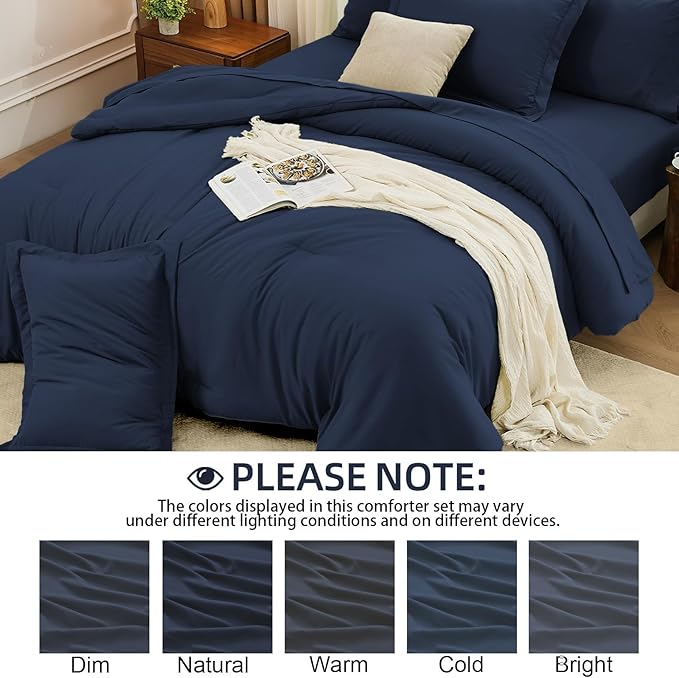 FUANNA Queen Comforter Set Navy Blue, 7 Pieces Soft Bedding Sets Queen Size, All Season Lightweight Bed in a Bag with Comforter, Flat Sheet, Fitted Sheet, Pillowcases & Shams