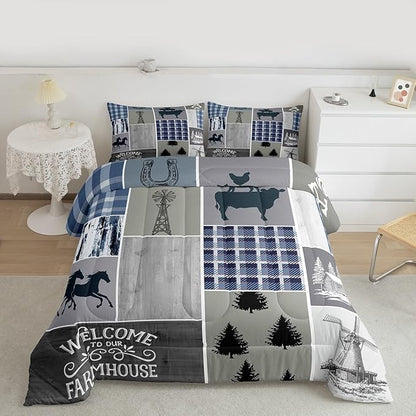 Erosebridal Western Cowboy Comforter Set King Size, Farmhouse Horse Bedding Set for Kids Boys Teens Adult Bedroom Decor, Rustic Cabin Lodge Windmill Quilt Rooster Pig Farm Animal Duvet Insert