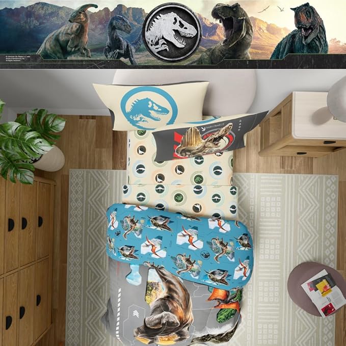 Jurassic World Rebirth Kids Bedding Super Soft Cozy Microfiber Comforter and Sheet Set, 4 Piece Twin Size, (Officially Licensed Product) by Franco