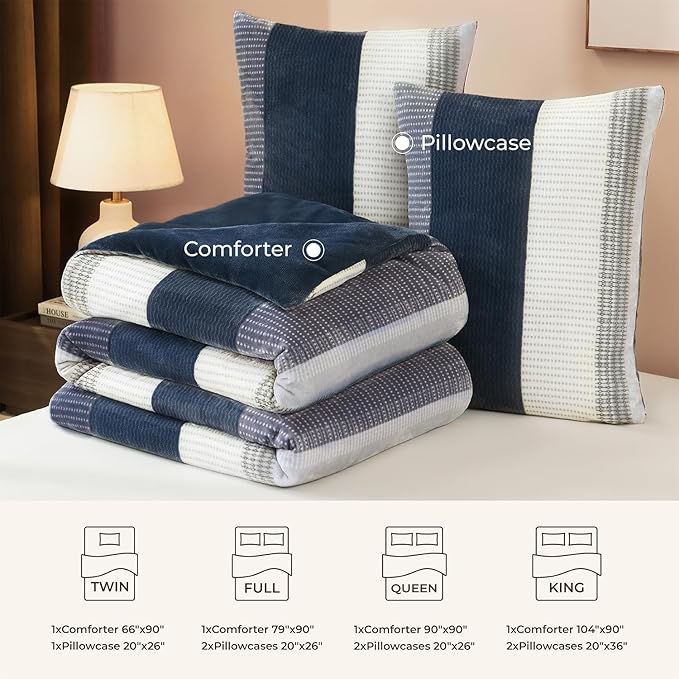 Litanika Fluffy Fleece King Size Comforter Set, Luxury Soft Plush Fuzzy Mineral Blue Stripe Bedding Comforter Sets, Warm Shaggy Faux Fur Bed Set All Season (1 Comforter, 2 Pillowcases)