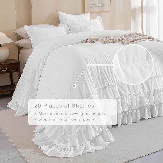 QSH Oversized King Comforter 128x120,3PCs Natural White Farmhouse French Country Ruffled Bedding Comforter Set Shabby Boho Chic California King Bed Comforter Rustic Lightweight Soft Microfiber Bedding