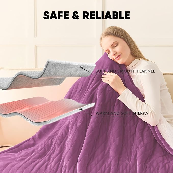 greenoak Heated Blanket Electric Queen Size 84"X90" Dual Control, Heating Blanket with 10 Heat Levels 1/2/4/6/8 Hours Auto-Off, Sherpa Soft Warm Christmas Blanket, Taro Purple