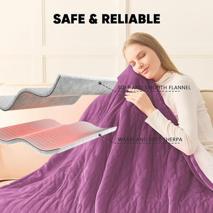 greenoak Heated Blanket Electric Full 72"X84", Heating Blanket with 10 Heat Levels 1/2/4/6/8 Hours Auto-Off, Soft Flannel Sherpa Warm Heater Christmas Blanket,Taro Purple