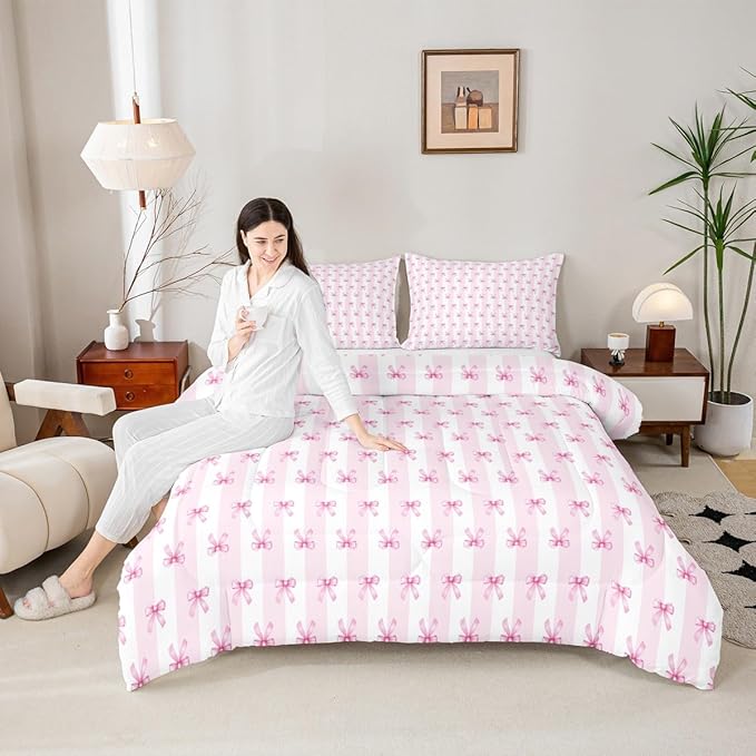 Castle Fairy Kids Bow Comforter Sets Twin Size,Pink Bowknot Stripes Bedding Set 2Pcs for Girls Teens Woman Room Decor,Sweet Princess Style Quilted Duvet Girly Bow Ribbon Down Comforter,1 Pillowcase