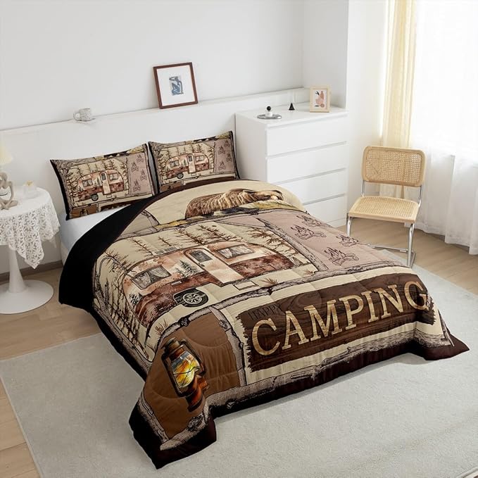 Erosebridal RV Camper Queen Comforter Set,Farm Style Camper Bedding Set for Kids,Rustic Farmhouse Bedding Comforter Sets,Wood Barn Animal Patchwork Duvet Insert with 2 Pillowcases Lightweight