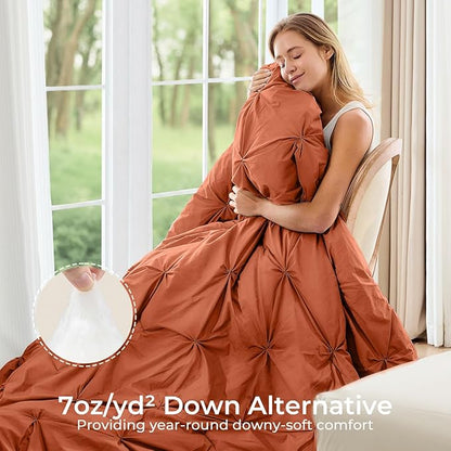 Sasttie Queen Comforter Set, 7-Piece Bed in a Bag, Pintuck Bedding Sets for All Season, Includes Comforter, Flat Sheet, Fitted Sheet, Pillowcases and Pillowshams, Burnt Orange
