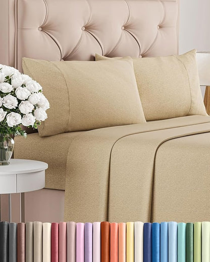Full Size 4 Piece Sheet Set - Comfy Breathable & Cooling Bed Sheets Set - Hotel Luxury Bedding for Women, Men, Kids, Teens, Boys & Girls - Deep Pockets, Soft & Wrinkle Free - Tan (Heathered Sheets)