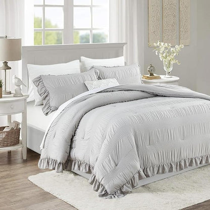 Gray Twin Comforter Set, Seersucker Vintage Comforter Ultra-Soft Light Grey Bedding Set Twin/Twin XL Size 3 Piece Set, Down Alternative Light Weight Comforter Set (Grey,Twin 68"x90")