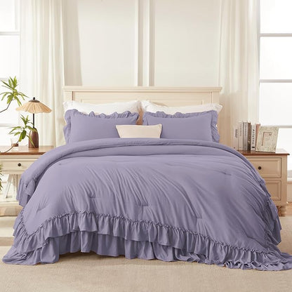 Andency Grayish Purple California King Comforter Set, 3 Pieces Lightweight Fluffy Farmhouse Shabby Chic Bedding Comforter Sets, Soft Microfiber All Season Cal King Bed Sets(104x96Inch)