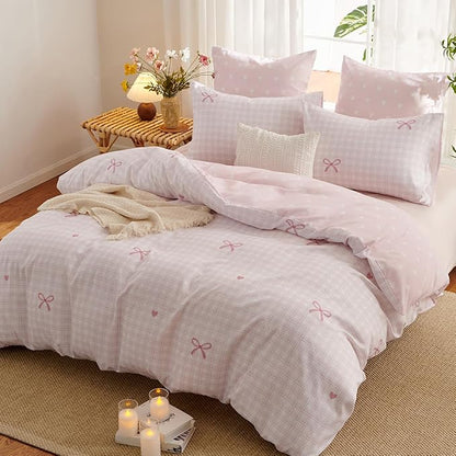 Pink Comforter Set Full Size - Pink Bow Quilt Bedding Set 3 Pieces, Heart Comforter Set Full, Soft & Lightweight Comforter(79‘’ x 90‘’) for Girl All Season & 2 Pillowcases(30‘’x20‘’)