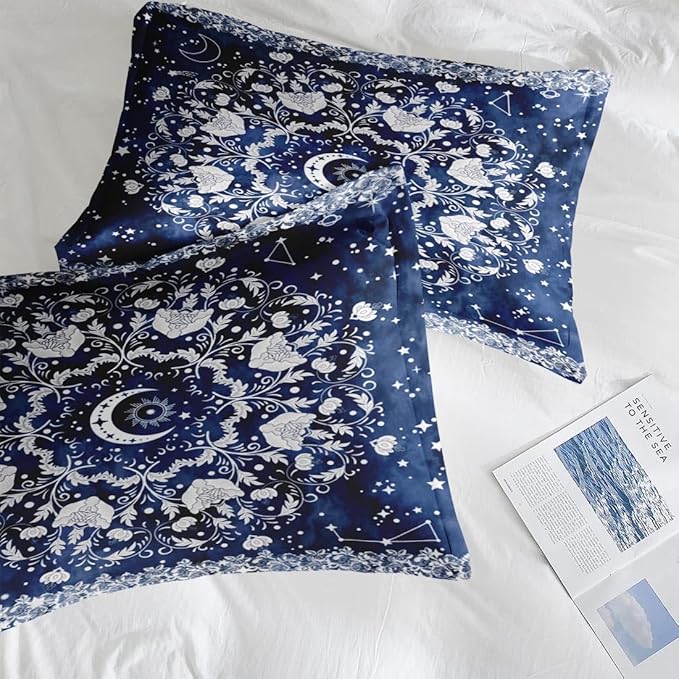 Comforter Set Twin Size, Astrology Sun Moon 5 Pcs Bedding for Kids and Adults, Blue Starry Flower Bed Sheet Sets with Fitted Sheet Pillowcase & Sham for Bedroom Bed Decor