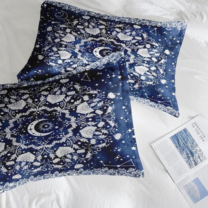 Comforter Set Twin Size, Astrology Sun Moon 5 Pcs Bedding for Kids and Adults, Blue Starry Flower Bed Sheet Sets with Fitted Sheet Pillowcase & Sham for Bedroom Bed Decor