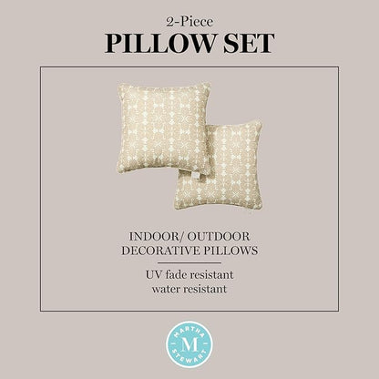 Martha Stewart Tulum Indoor Outdoor Decorative Pillow 2-Pack Set, UV Fade Resistant, Water Repellent, Printed Modern Design, Taupe, 18"x18"