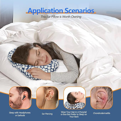 Ear Piercing Pillow for Side Sleepers, Pillow with an Ear Hole for CNH and Ear Pain Ear Inflammation Pressure Sores (Blue Flowers, 17.3"x12.6"x2")