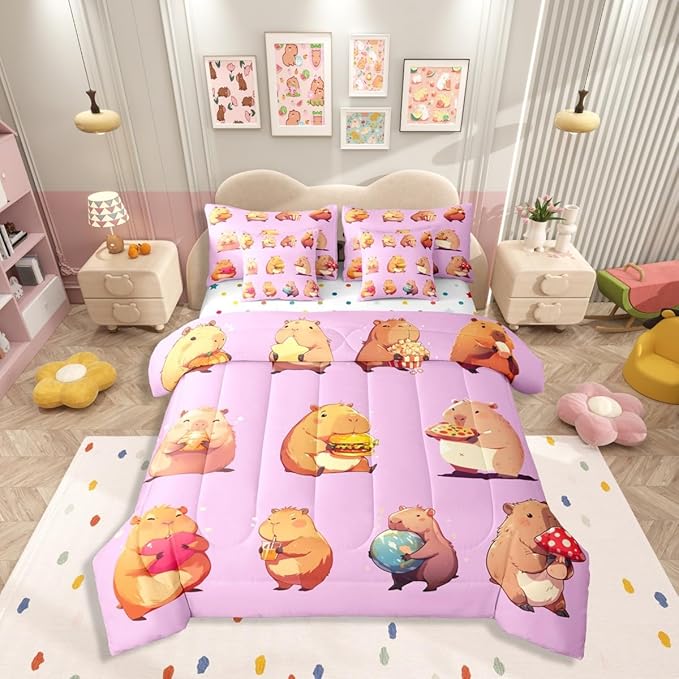 Erosebridal Funny Capybaras 7 Pieces Bedding Set Twin,Capybara Lover Bed in a Bag,Cartoon Rodents Bed Set Includes Comforter,Sheet Set,Pillowcases & Pillow Covers,Violet Khaki Capybara Bedroom Decor