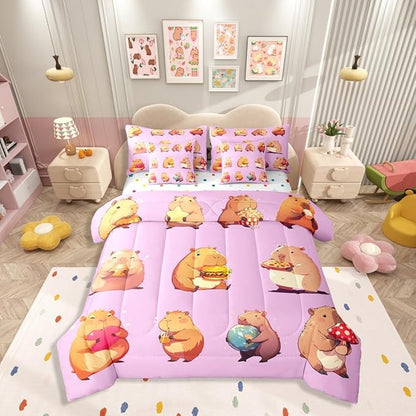 Erosebridal Funny Capybaras 7 Pieces Bedding Set Twin,Capybara Lover Bed in a Bag,Cartoon Rodents Bed Set Includes Comforter,Sheet Set,Pillowcases & Pillow Covers,Violet Khaki Capybara Bedroom Decor