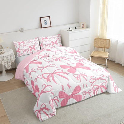 Feelyou Bow Bedding Set Boys Girls Full Size Black Cute Bowknot Comforter Set for Kids Women Men Ultra Soft Pink Girls Bow Comforter Kawaii Bow Duvet Set Room Decor Lovely Decor Quilt Set