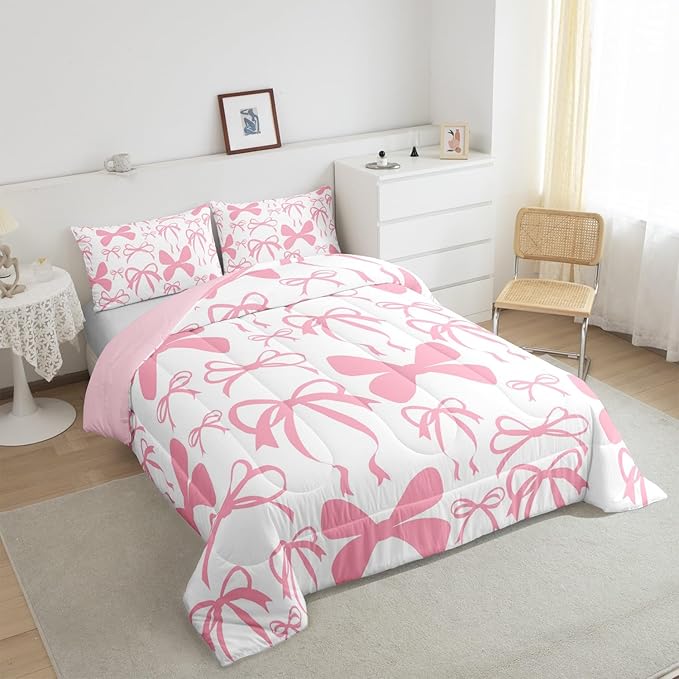 Feelyou Bow Bedding Set for Boys Girls Toddler Size - Black Cute Bowknot Comforter Set for Kids Women Men - Ultra Soft Pink Duvet Set - Kawaii Room Decor Lovely Quilt Set