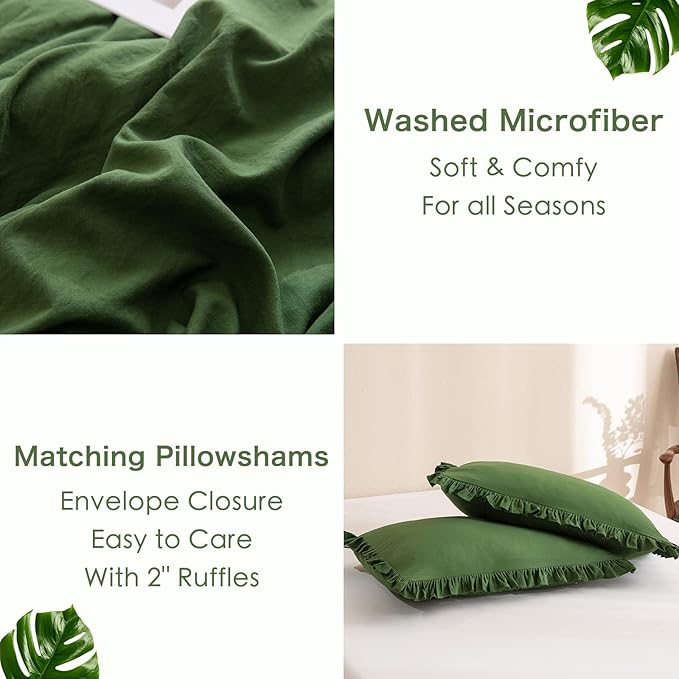 Masaca Olive Green Comforter Set Queen,Farmhouse Bedding Queen Size Comforter Set with Ruffle,Shabby Boho Chic French Country Dark Green Bedding Sets 3 Pieces