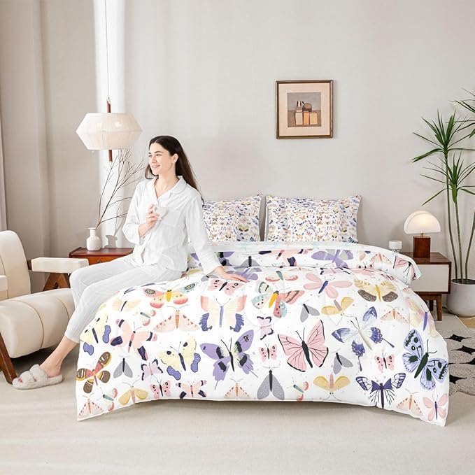 Feelyou Pretty Butterfly 7 Piece Bedding Set Colorful Butterfly Comforter Set with Sheets for Kids Boys Girls Artwork Butterflies Bed in a Bag Animal Theme Bed Set Soft Lightweight