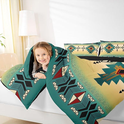 Erosebridal Boys Western Aztec Bedding Set Queen Size, Native Tribal Ethnic Comforter Set Farmhouse Boho Geometric Duvet Insert Southwestern Ethnic American Native Quilt for Adult Men,Green Yellow
